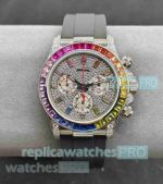 Copy Rolex Daytona Rainbow Diamond Bezel Grey Natural Rubber Strap Watch